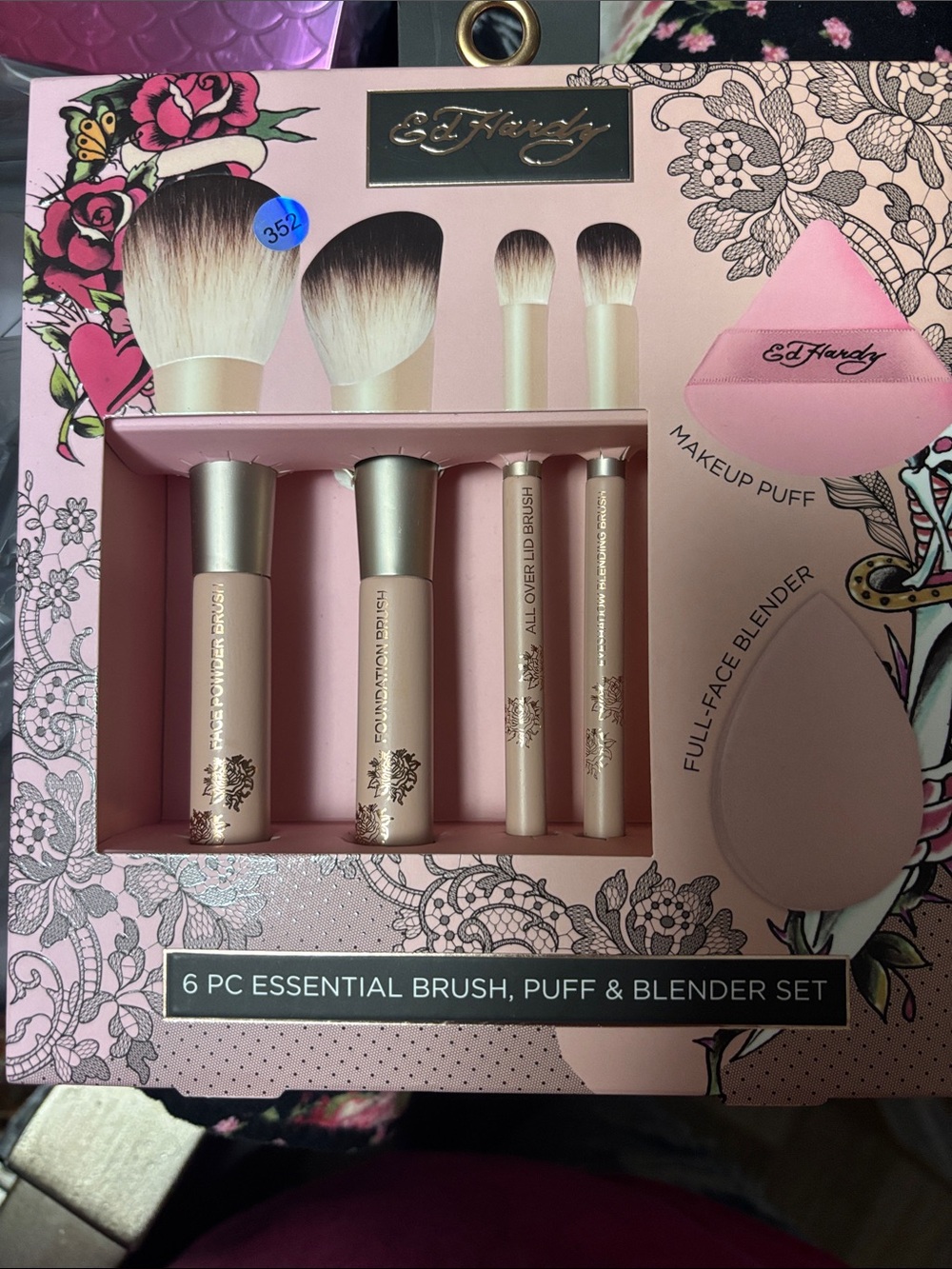 Ed Hardy Pink & Gold 6-Piece Brush, Puff & Blender Set